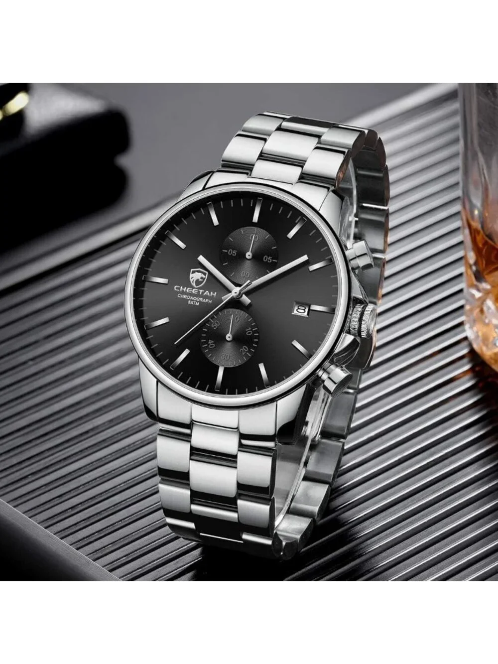 Men's Silver Black Classic Stainless Steel Waterproof Chronograph Quartz Watch